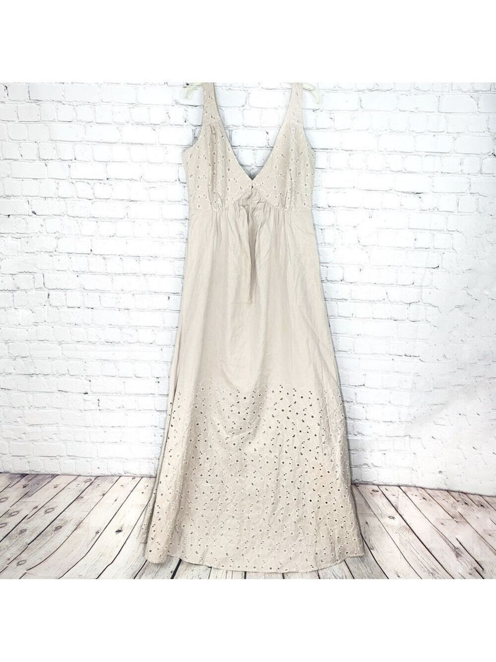 EUC-BYTIMO Lux Designer NordStorm Cutwork Eyelet Cotton Deep V Neck Maxi Dress S